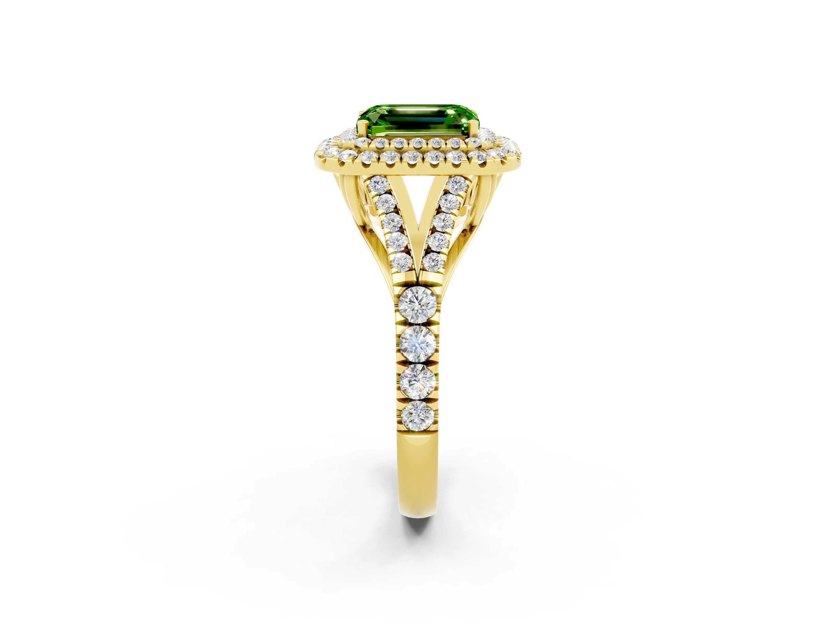 Yellow gold Double Halo Emerald Cut Peridot Pavé Split Shank Ring with Prong Setting_2