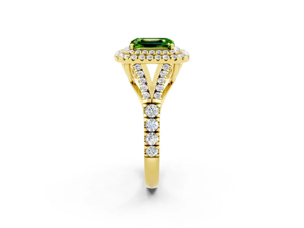 Yellow gold Double Halo Emerald Cut Peridot Pavé Split Shank Ring with Prong Setting