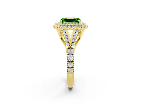 Yellow gold Double Halo Emerald Cut Peridot Pavé Split Shank Ring with Prong Setting_2