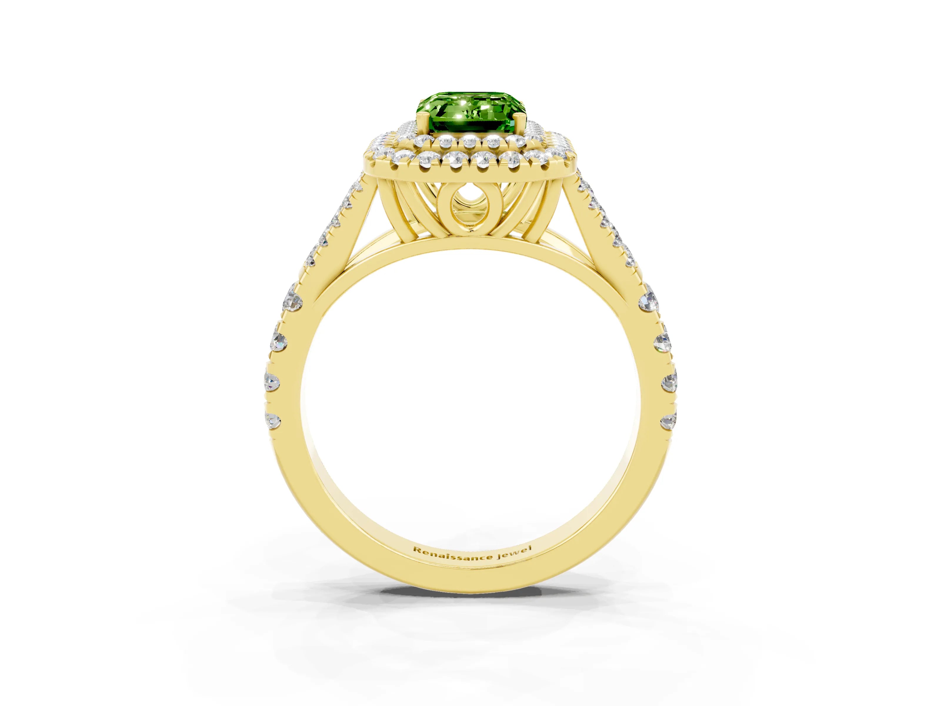 Yellow gold Double Halo Emerald Cut Peridot Pavé Split Shank Ring with Prong Setting_3