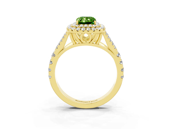 Yellow gold Double Halo Emerald Cut Peridot Pavé Split Shank Ring with Prong Setting