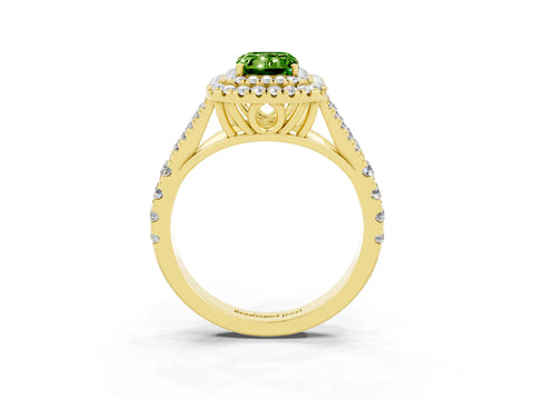 Yellow gold Double Halo Emerald Cut Peridot Pavé Split Shank Ring with Prong Setting_3