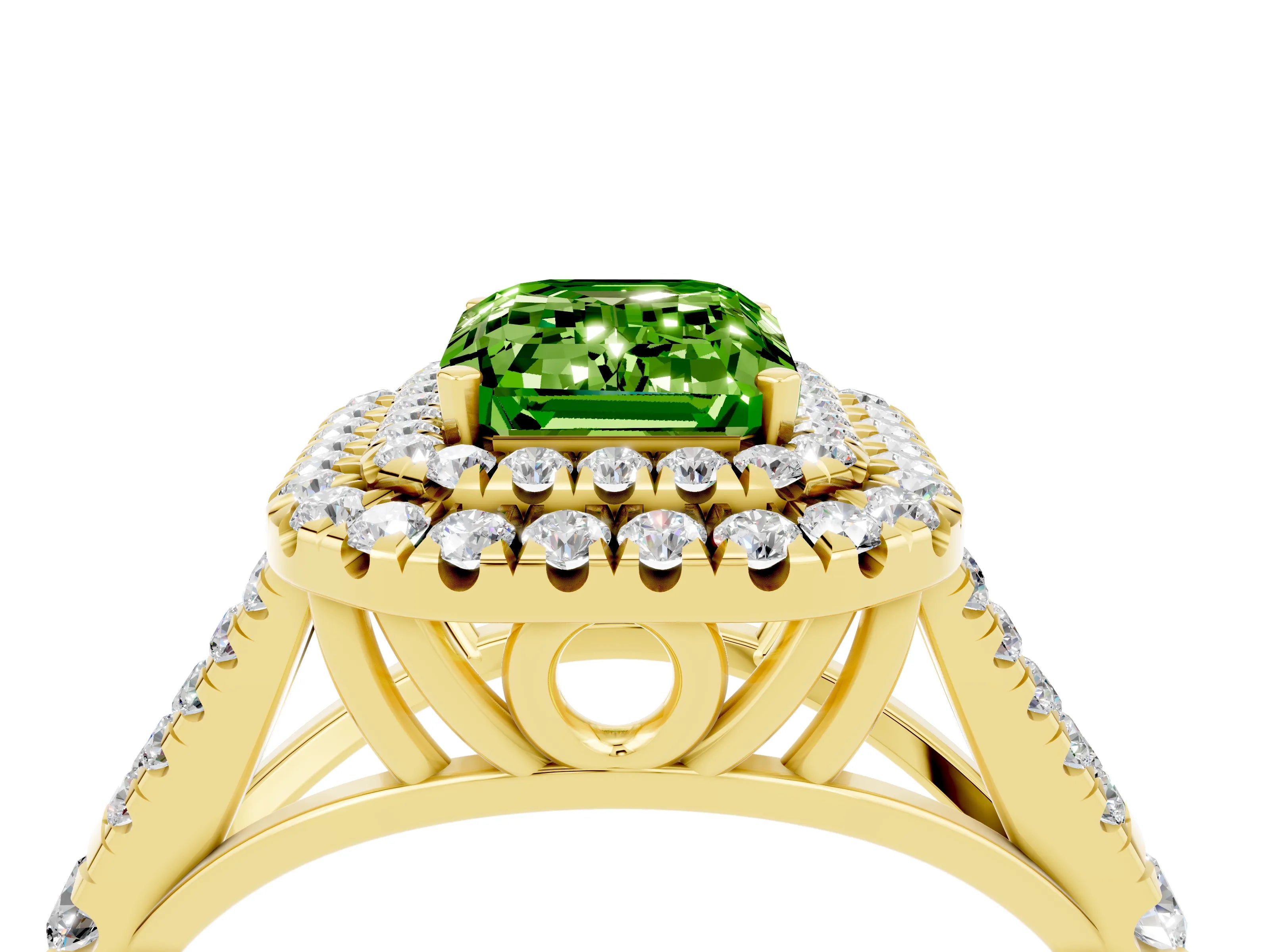 Yellow gold Double Halo Emerald Cut Peridot Pavé Split Shank Ring with Prong Setting_4