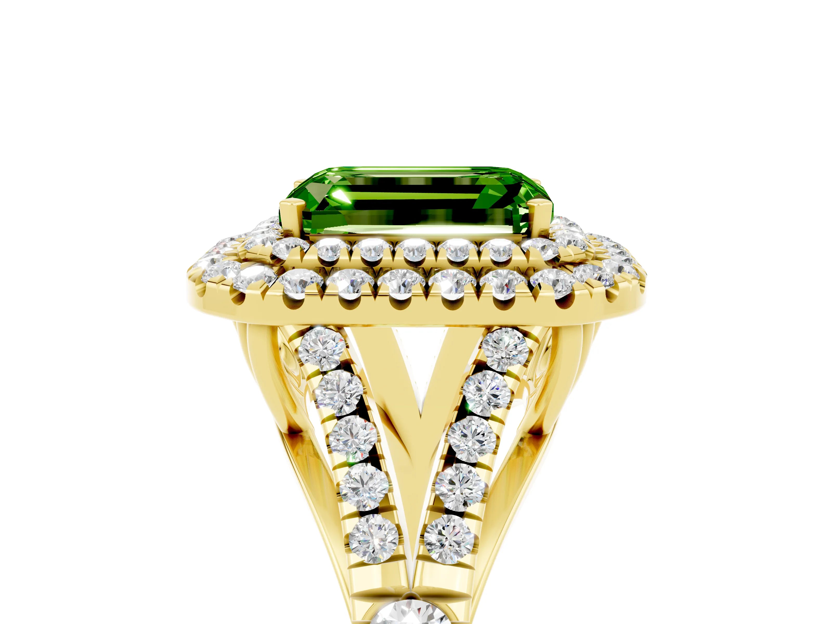 Yellow gold Double Halo Emerald Cut Peridot Pavé Split Shank Ring with Prong Setting_5