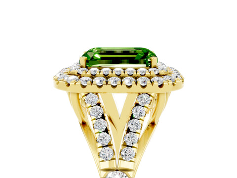 Yellow gold Double Halo Emerald Cut Peridot Pavé Split Shank Ring with Prong Setting_5