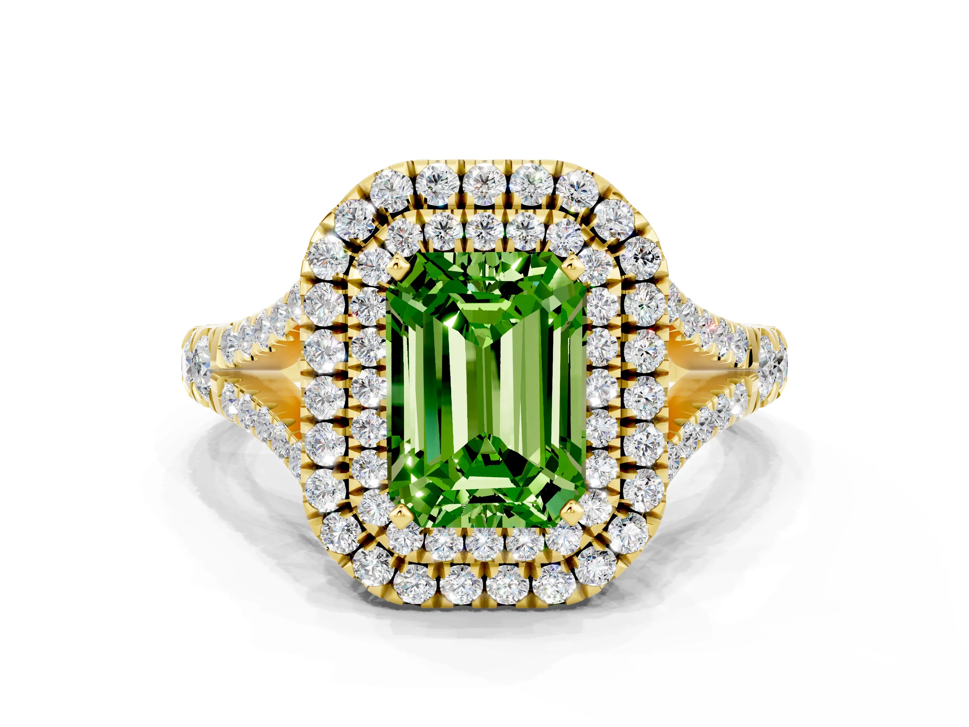 Yellow gold Double Halo Emerald Cut Peridot Split Shank Engagement Ring with Four-Prong Setting