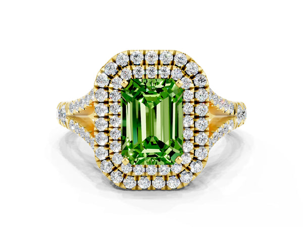 Yellow gold Double Halo Emerald Cut Peridot Split Shank Engagement Ring with Four-Prong Setting