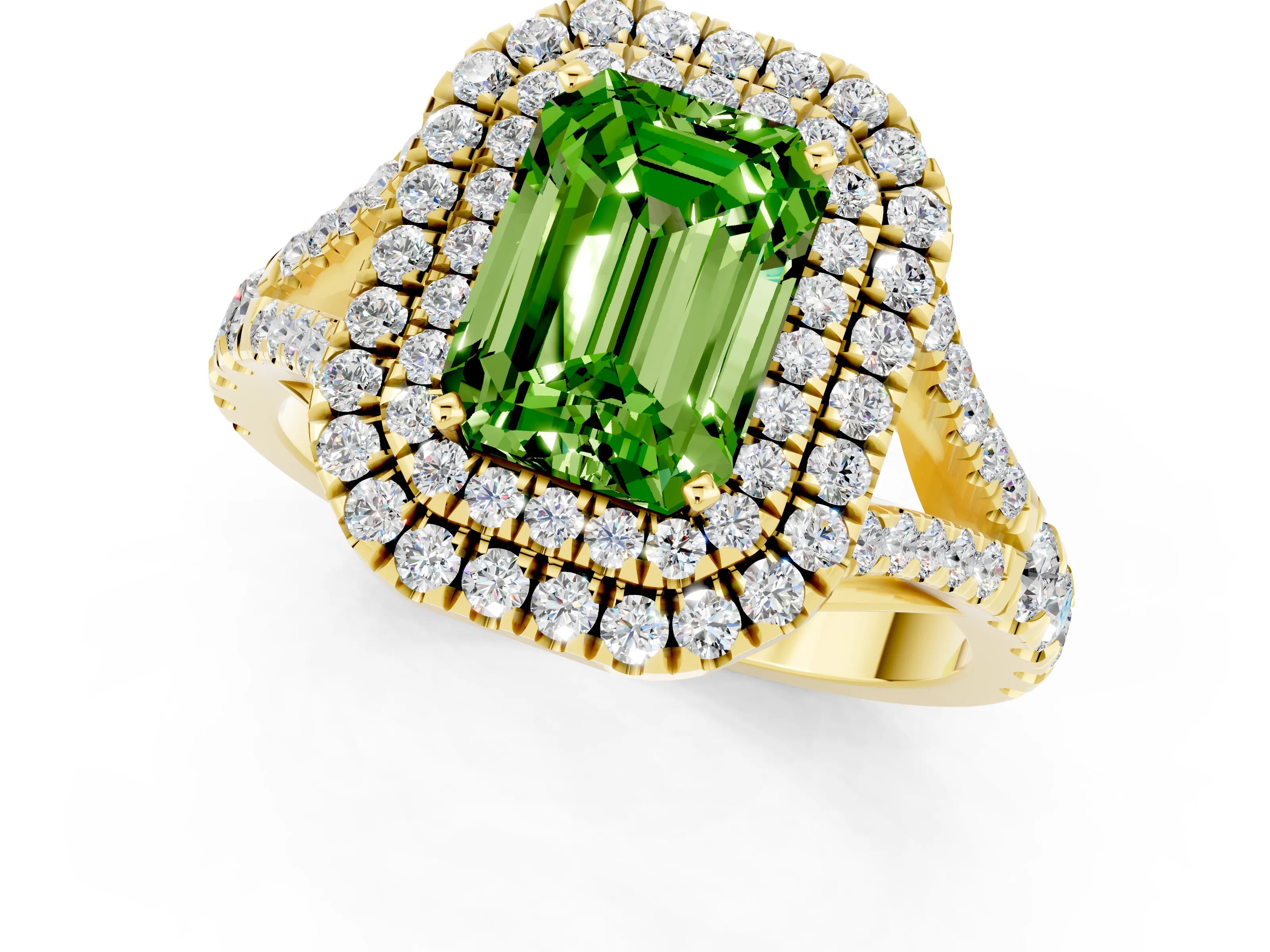 Yellow gold Double Halo Emerald Cut Peridot Split Shank Engagement Ring with Four-Prong Setting_1