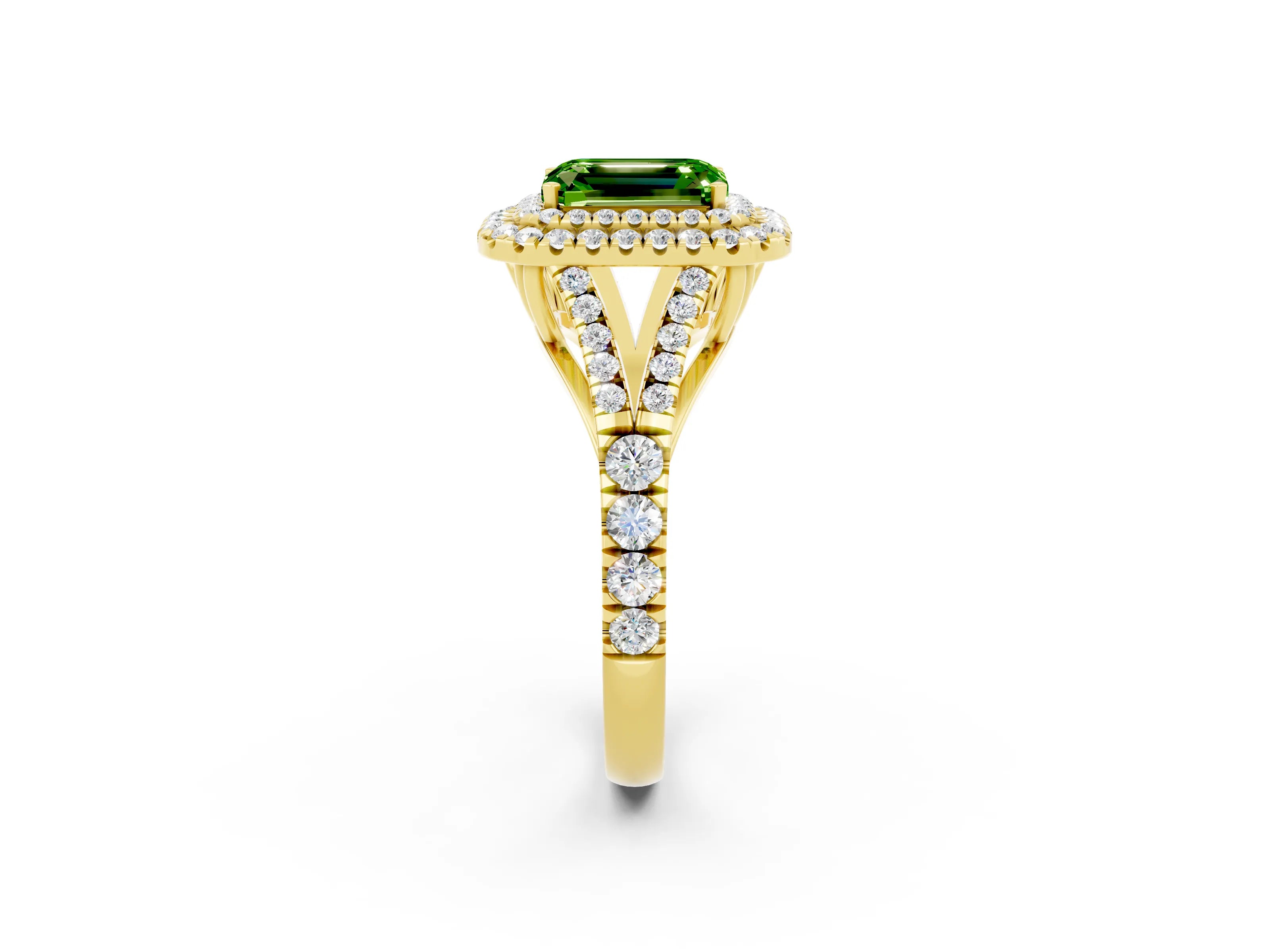 Yellow gold Double Halo Emerald Cut Peridot Split Shank Engagement Ring with Four-Prong Setting_2