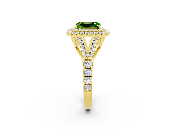 Yellow gold Double Halo Emerald Cut Peridot Split Shank Engagement Ring with Four-Prong Setting
