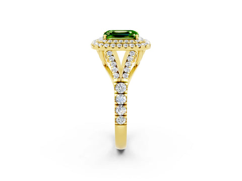 Yellow gold Double Halo Emerald Cut Peridot Split Shank Engagement Ring with Four-Prong Setting_2