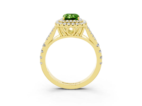 Yellow gold Double Halo Emerald Cut Peridot Split Shank Engagement Ring with Four-Prong Setting