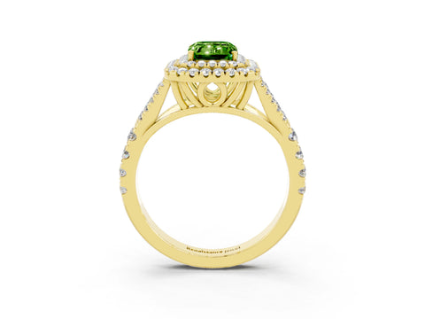 Yellow gold Double Halo Emerald Cut Peridot Split Shank Engagement Ring with Four-Prong Setting_3