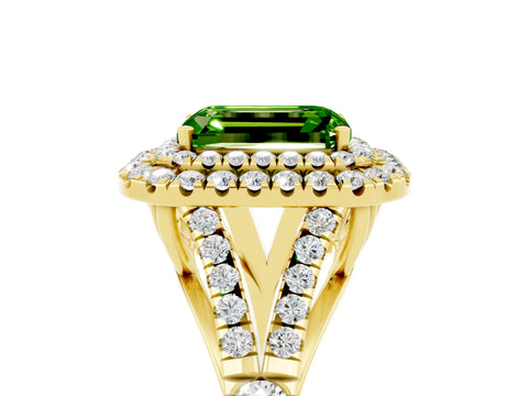 Yellow gold Double Halo Emerald Cut Peridot Split Shank Engagement Ring with Four-Prong Setting_5