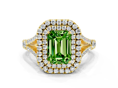 Yellow gold Double Halo Emerald Cut Peridot Split Shank Engagement Ring with Four-Prong Setting