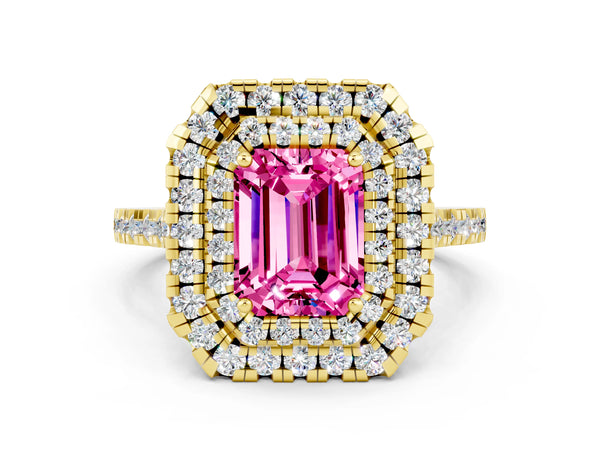 Yellow gold Double Halo Emerald Cut Pink Sapphire Pavé Band with Four-Prong Setting