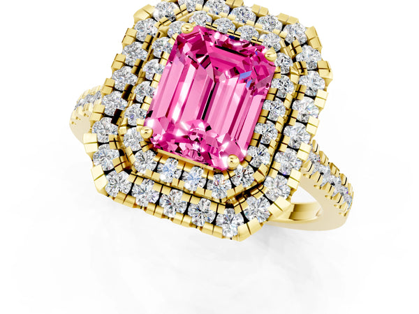 Yellow gold Double Halo Emerald Cut Pink Sapphire Pavé Band with Four-Prong Setting