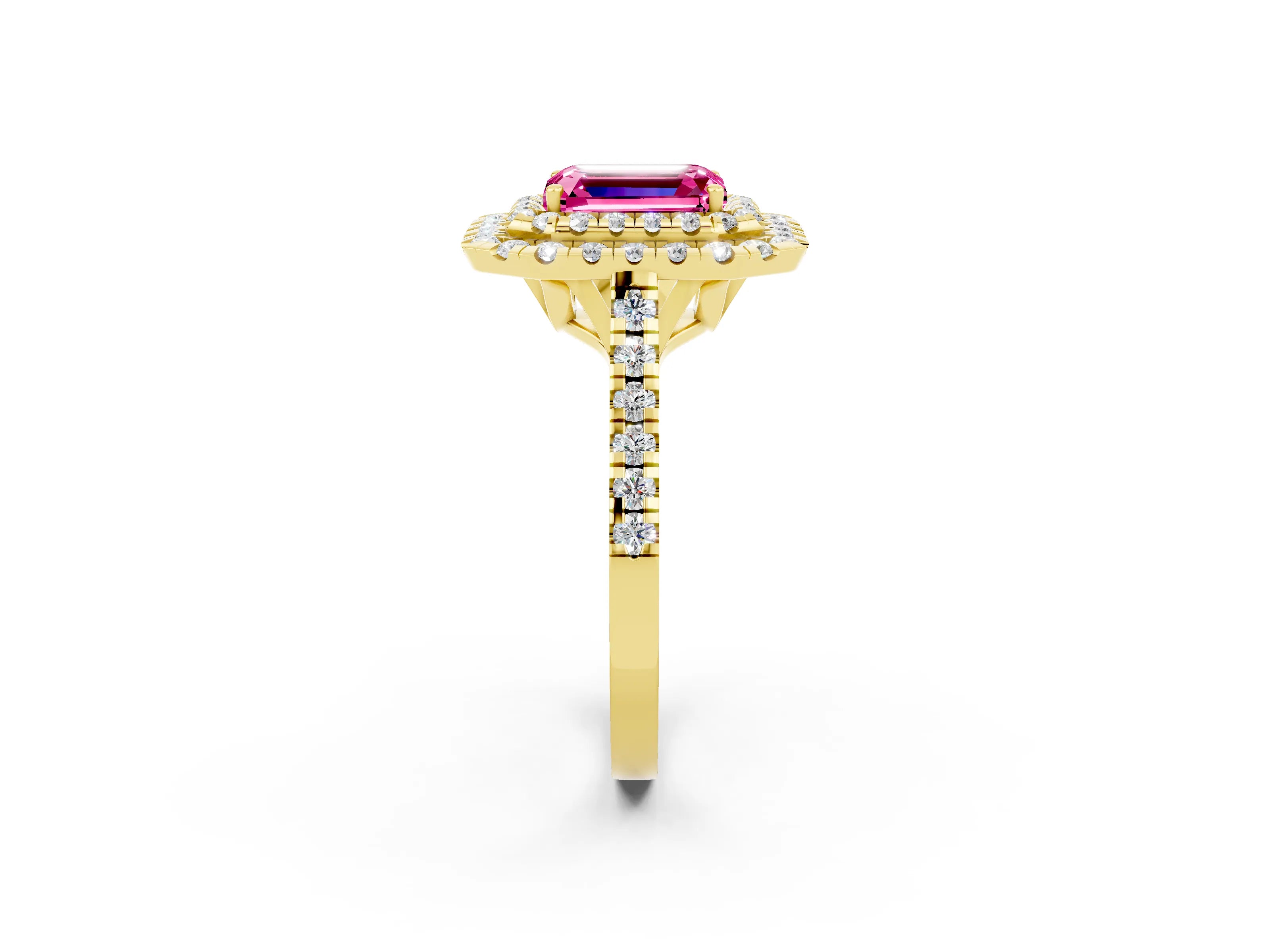 Yellow gold Double Halo Emerald Cut Pink Sapphire Pavé Band with Four-Prong Setting_26