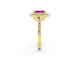 Yellow gold Double Halo Emerald Cut Pink Sapphire Pavé Band with Four-Prong Setting_26