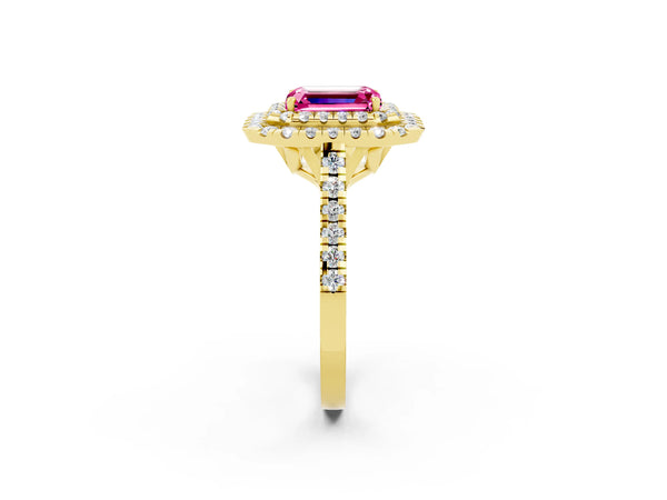 Yellow gold Double Halo Emerald Cut Pink Sapphire Pavé Band with Four-Prong Setting