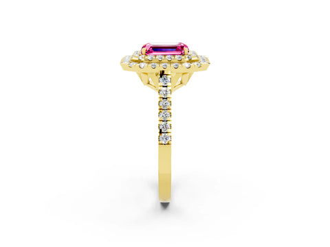 Yellow gold Double Halo Emerald Cut Pink Sapphire Pavé Band with Four-Prong Setting_26