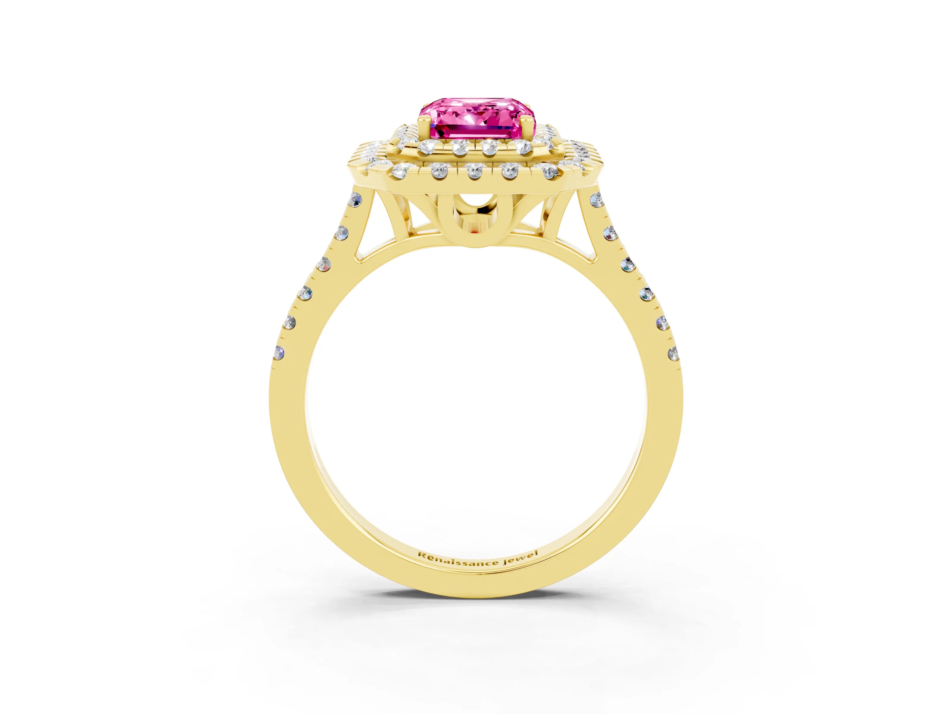 Yellow gold Double Halo Emerald Cut Pink Sapphire Pavé Band with Four-Prong Setting_27