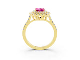 Yellow gold Double Halo Emerald Cut Pink Sapphire Pavé Band with Four-Prong Setting_27