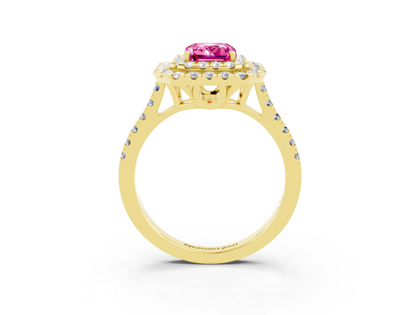 Yellow gold Double Halo Emerald Cut Pink Sapphire Pavé Band with Four-Prong Setting