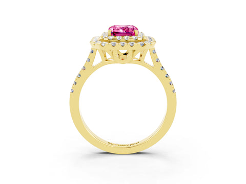 Yellow gold Double Halo Emerald Cut Pink Sapphire Pavé Band with Four-Prong Setting_27