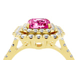 Yellow gold Double Halo Emerald Cut Pink Sapphire Pavé Band with Four-Prong Setting_28