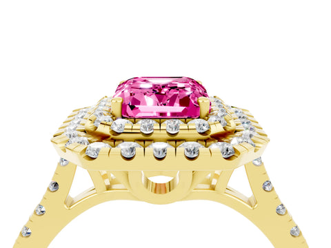 Yellow gold Double Halo Emerald Cut Pink Sapphire Pavé Band with Four-Prong Setting_28