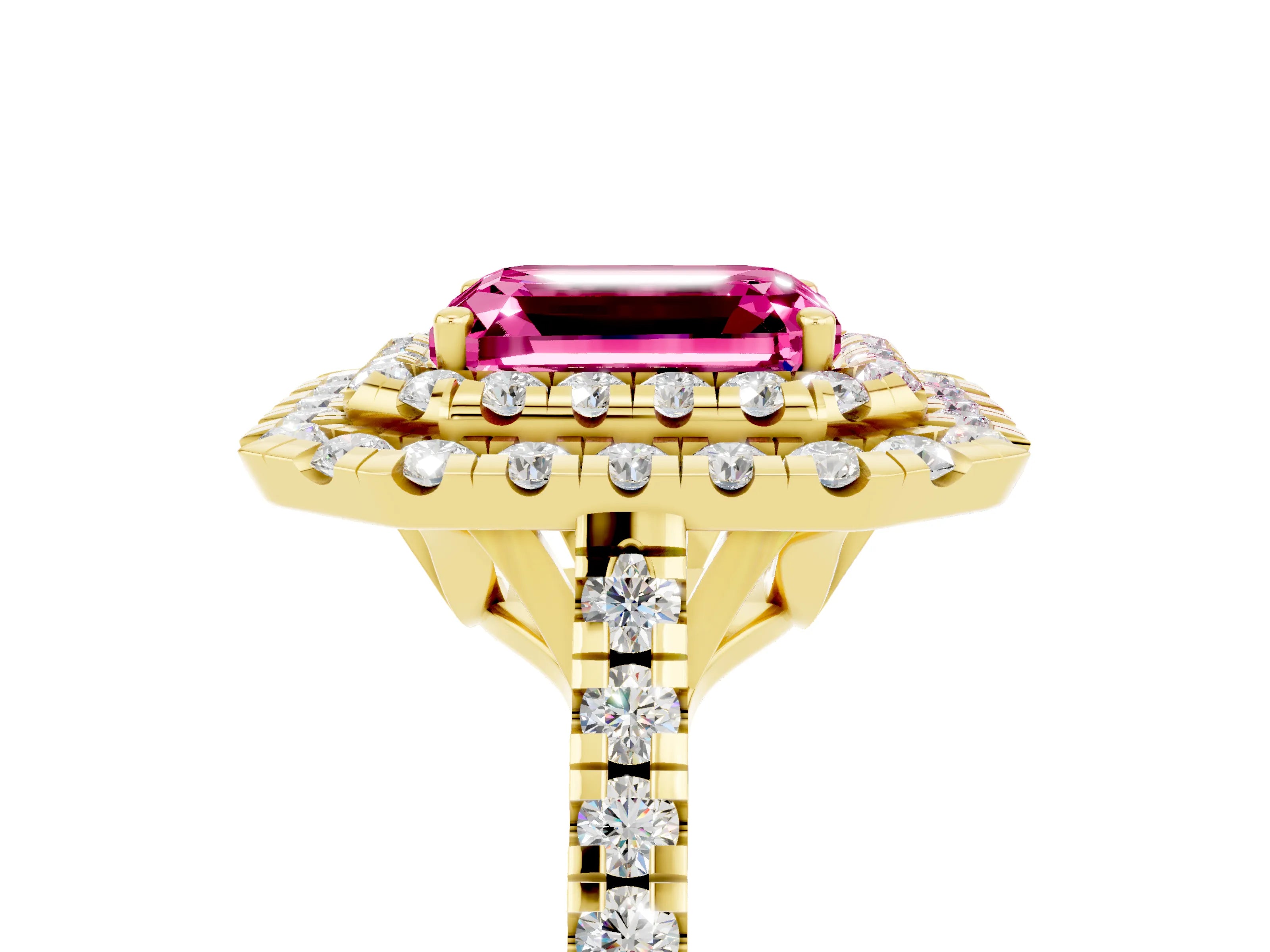 Yellow gold Double Halo Emerald Cut Pink Sapphire Pavé Band with Four-Prong Setting_29