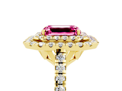Yellow gold Double Halo Emerald Cut Pink Sapphire Pavé Band with Four-Prong Setting_29