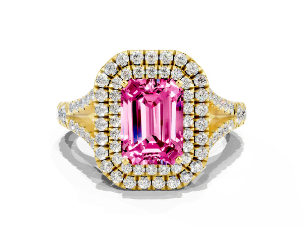 Yellow gold Double Halo Emerald Cut Pink Sapphire Pavé Split Shank Ring with Prong Setting