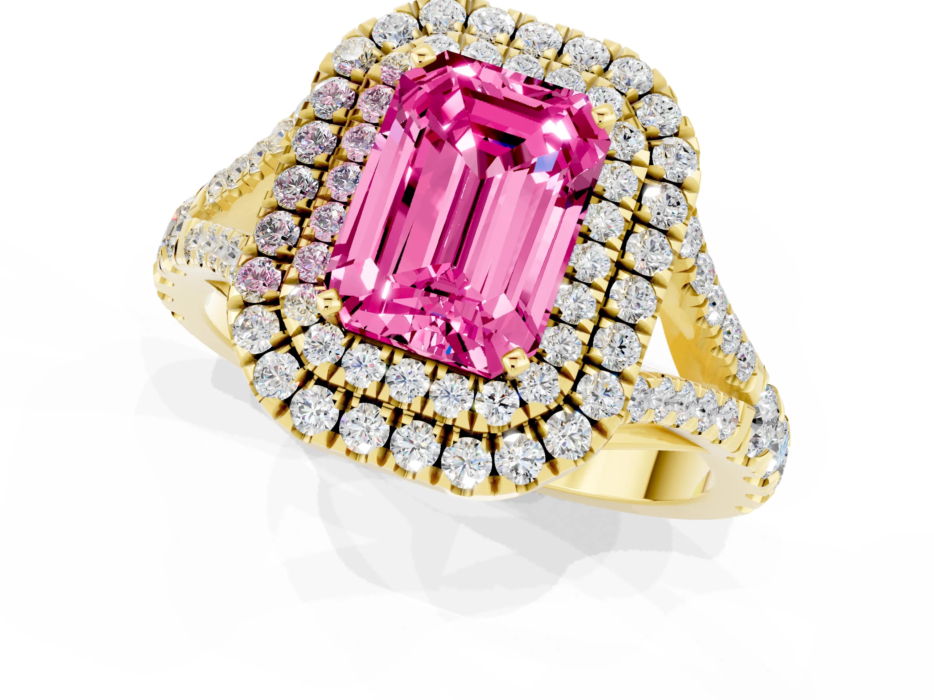 Yellow gold Double Halo Emerald Cut Pink Sapphire Pavé Split Shank Ring with Prong Setting_1
