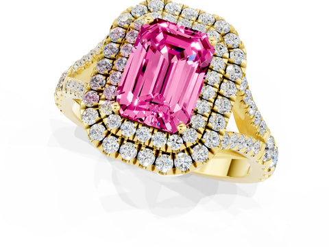 Yellow gold Double Halo Emerald Cut Pink Sapphire Pavé Split Shank Ring with Prong Setting_1