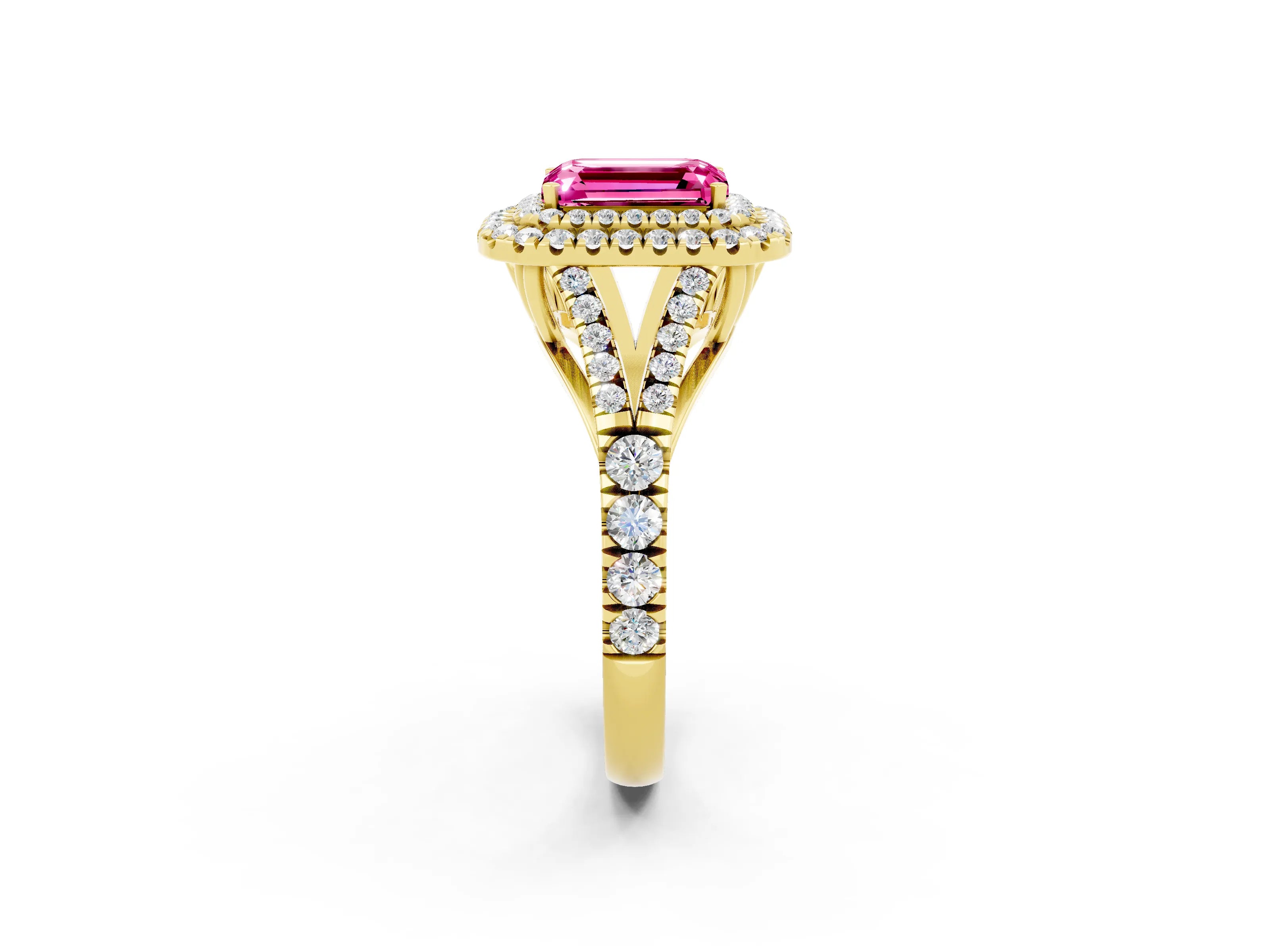 Yellow gold Double Halo Emerald Cut Pink Sapphire Pavé Split Shank Ring with Prong Setting_2