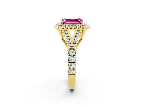 Yellow gold Double Halo Emerald Cut Pink Sapphire Pavé Split Shank Ring with Prong Setting_2