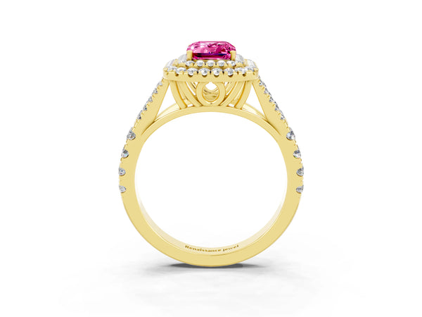 Yellow gold Double Halo Emerald Cut Pink Sapphire Pavé Split Shank Ring with Prong Setting