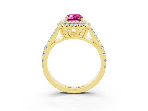 Yellow gold Double Halo Emerald Cut Pink Sapphire Pavé Split Shank Ring with Prong Setting_3
