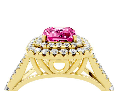 Yellow gold Double Halo Emerald Cut Pink Sapphire Pavé Split Shank Ring with Prong Setting_4
