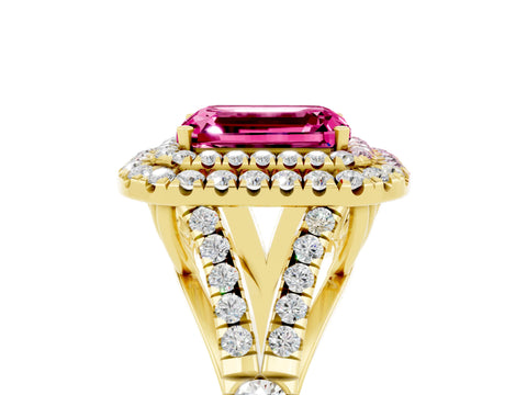 Yellow gold Double Halo Emerald Cut Pink Sapphire Pavé Split Shank Ring with Prong Setting_5