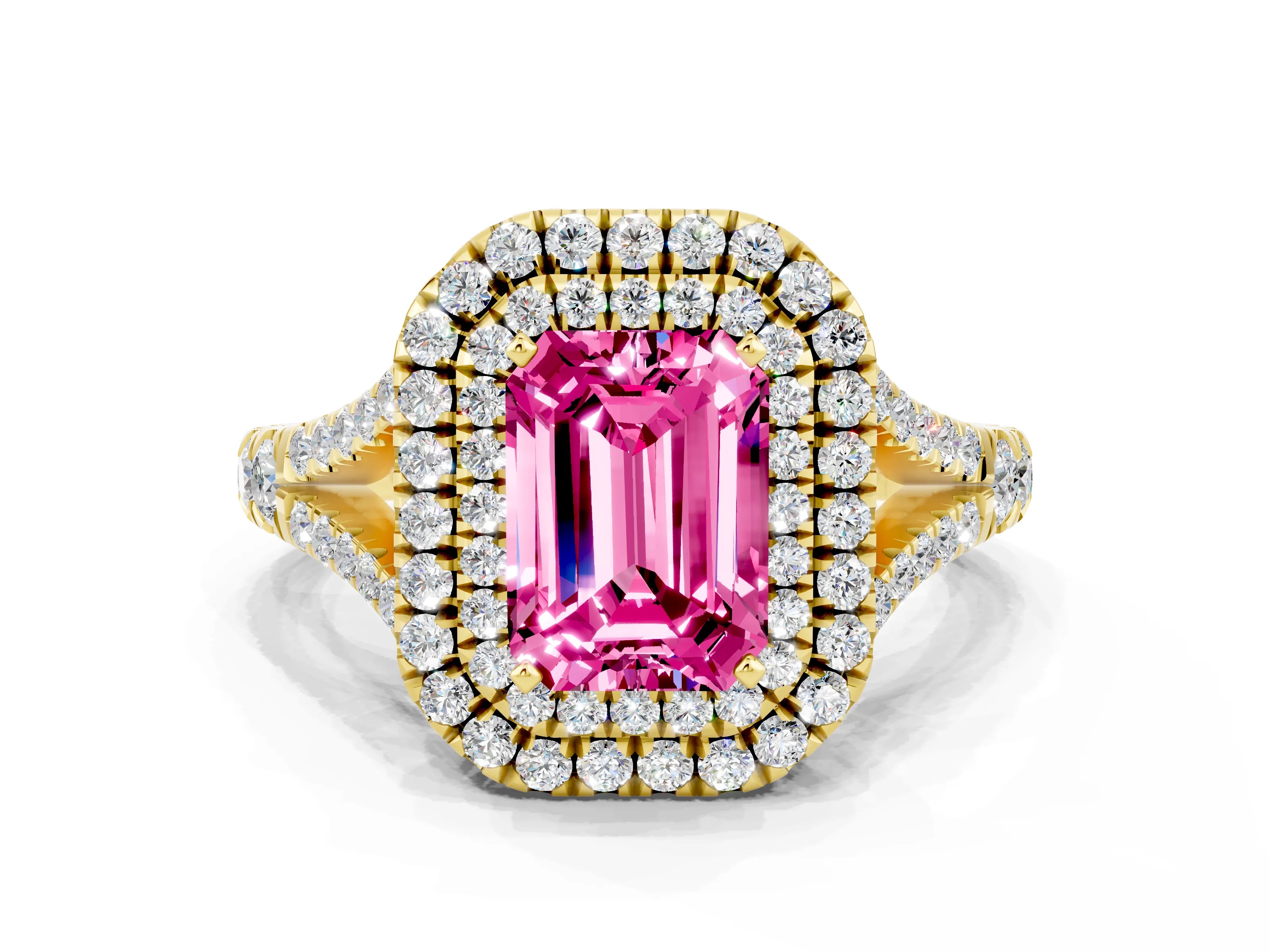 Yellow gold Double Halo Emerald Cut Pink Sapphire Split Shank Engagement Ring with Four-Prong Setting