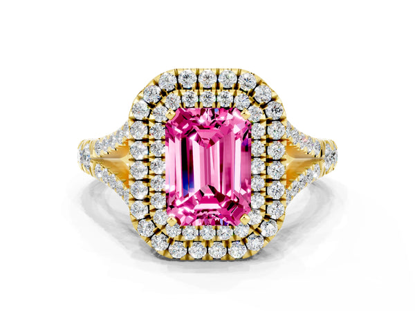 Yellow gold Double Halo Emerald Cut Pink Sapphire Split Shank Engagement Ring with Four-Prong Setting