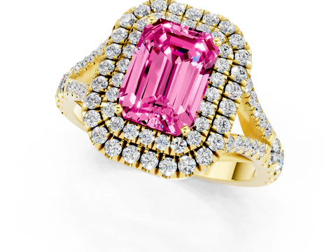 Yellow gold Double Halo Emerald Cut Pink Sapphire Split Shank Engagement Ring with Four-Prong Setting_1