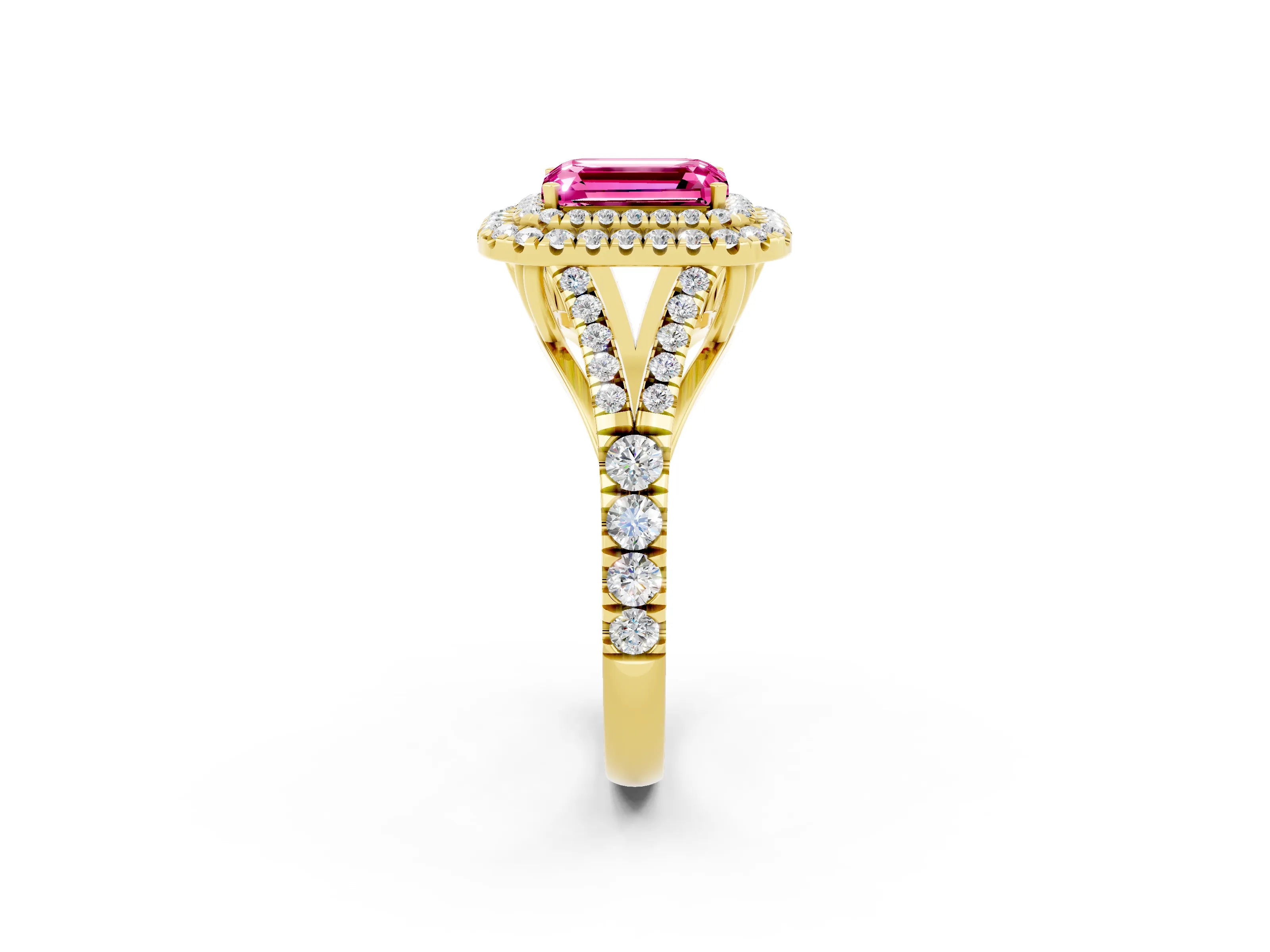 Yellow gold Double Halo Emerald Cut Pink Sapphire Split Shank Engagement Ring with Four-Prong Setting_2