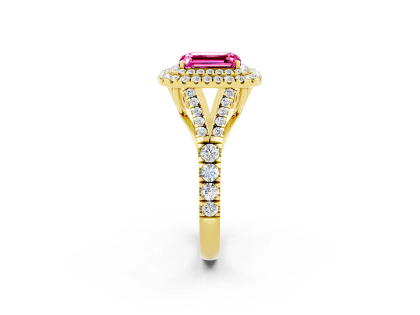 Yellow gold Double Halo Emerald Cut Pink Sapphire Split Shank Engagement Ring with Four-Prong Setting