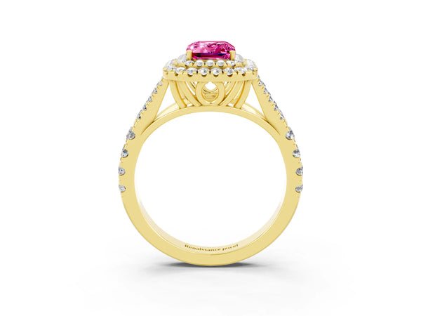 Yellow gold Double Halo Emerald Cut Pink Sapphire Split Shank Engagement Ring with Four-Prong Setting