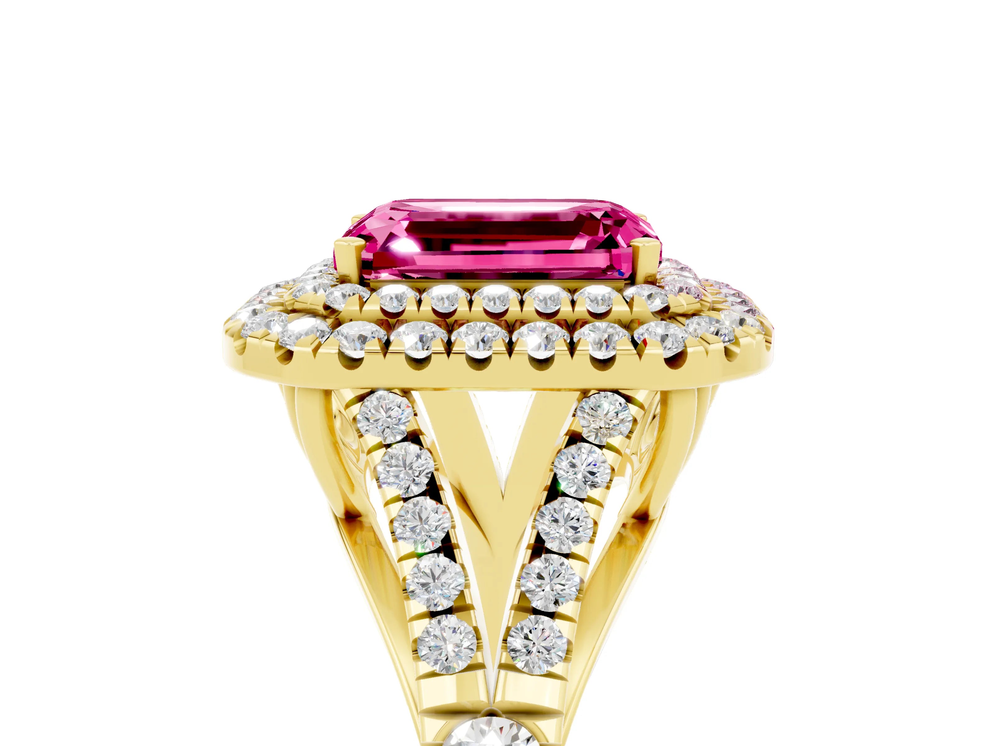 Yellow gold Double Halo Emerald Cut Pink Sapphire Split Shank Engagement Ring with Four-Prong Setting_5
