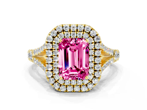 Yellow gold Double Halo Emerald Cut Pink Sapphire Split Shank Engagement Ring with Four-Prong Setting